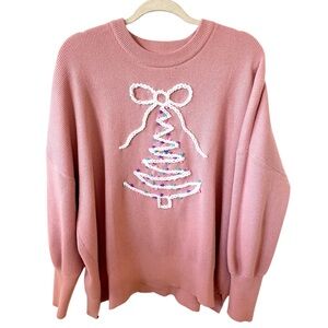 Hand Drawn and Embroidered Pink Holiday Bow Tree Sweater XL